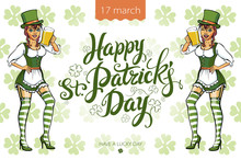 Pretty Leprechaun Girl With Beer, St. Patrick's Day Logo Design With Space For Text, Isolated