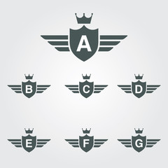 Shield With Wings And Crown Vector Logo Template - Letter A, B, C, D, E, F, G.