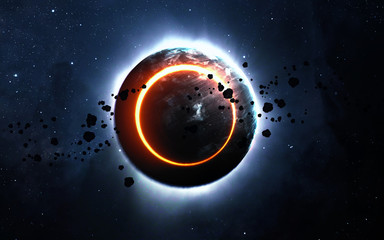 abstract scientific background - glowing planet earth in space, solar eclipse, nebula and stars. ele
