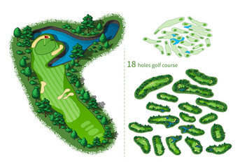 Wall Mural - golf course map 18 holes layout. top view of vector map color illustration