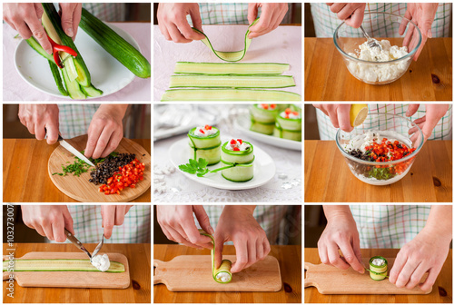 Fotografie, Obraz A Step by Step Collage of Making Feta Cucumber Rolls