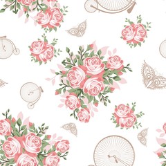 Wall Mural - Red Flowers, Butterflies and Bicycles Seamless Pattern