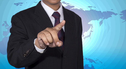 Businessman concept pushing touch blank with map background