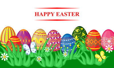 Poster - Easter card with decorative eggs in grass