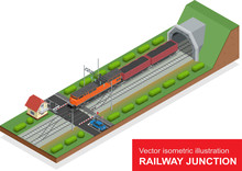 Vector Isometric Illustration Of A Railway Junction. Railway Junction Consist Of Modern High Speed Train Railway Tunnel, Railway Crossing And Railroad Isolated Elements For Rail Freight Transportation