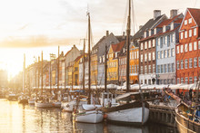 Colorful Houses In Copenhagen Old Town At Sunset