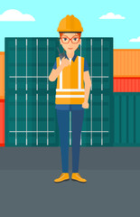 Sticker - Stevedore standing on cargo containers background.