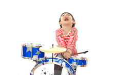 Asian Young Boy Playing Blue Drum On White Background
