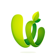 w letter with green leaves eco logo, volume icon.