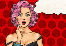 Pop Art Girl With The Speech Bubble.Pop Art Girl. Party Invitation. Birthday Card. Hollywood Movie Star. Comic Woman. Sexy Girl. Black Dress. Lust, Seduction, Sex, Sexuality, Wow, Makeup, Wonder, Love