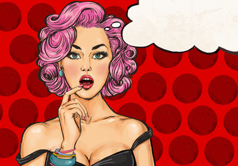 Pop Art girl with the speech bubble.Pop Art girl. Party invitation. Birthday card. Hollywood movie star. Comic woman. Sexy girl. Black dress. Lust, seduction, sex, sexuality, wow, makeup, wonder, love