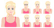 Beautiful blond model girl with different facial emotions and expressions set. Vector illustration.
