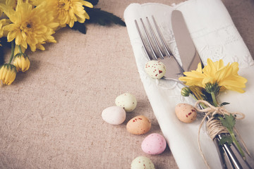 Wall Mural - Easter table setting copy space background, selective focus