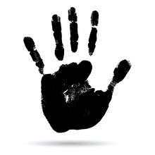 Conceptual Black Paint Human Hand Or Handprint Of Child