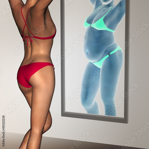 Obraz w ramie Conceptual 3D woman as fat vs fit underweight anorexic