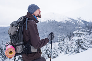 Wall Mural - man hiking in mountains
