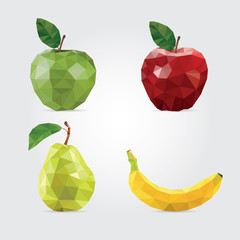 Wall Mural - Polygonal Fruits. Red Apple, Green Apple, Pear and Banana in Vector