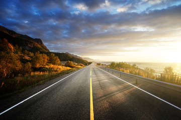 Wall Mural - road by the sea in sunrise time, lofoten island, norway