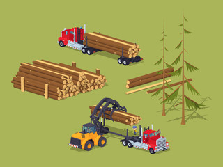 Wall Mural - Lumber stock. Logs loading on trucks. 3D lowpoly isometric vector concept illustration suitable for advertising and promotion