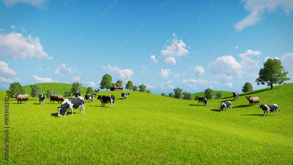 Herd of cows graze on the open green meadows at spring day. Realistic 3D illustration. - obrazy, fototapety, plakaty 