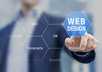 Web design teacher presenting internet development skills, layou