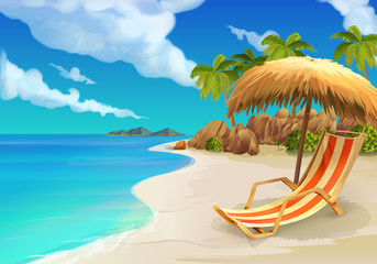 Tropical beach, lounge chair, vector background