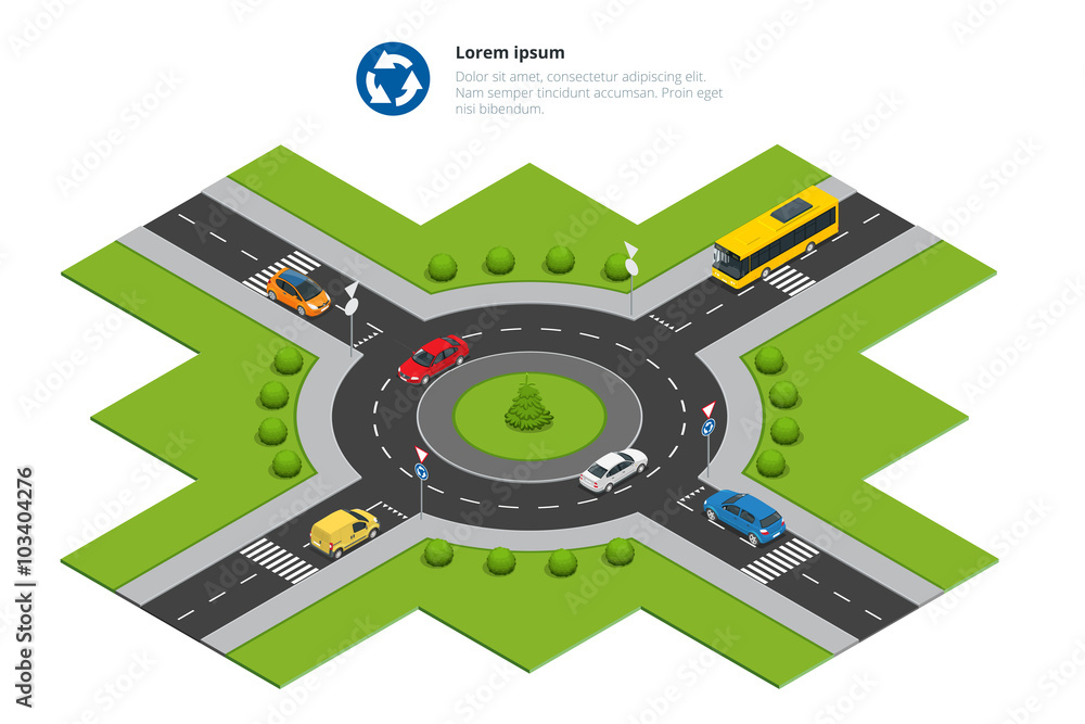 Roundabout, cars, roundabout sign and roundabout road. Asphalted Road Circle. Vector isometric illustration for infographics. City traffic. - obrazy, fototapety, plakaty 