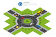 Roundabout, cars, roundabout sign and roundabout road. Asphalted Road Circle. Vector isometric illustration for infographics. City traffic.