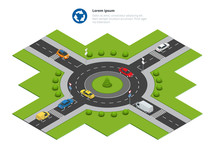 Roundabout, Cars, Roundabout Sign And Roundabout Road. Asphalted Road Circle. Vector Isometric Illustration For Infographics. City Traffic.
