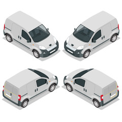 Wall Mural - Set of icons small truck for transportation cargo. Van for the carriage of cargo. Delivery car. Vector 3d isometric illustration.