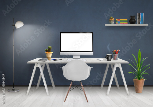 Modern Office Interior With Computer On Desk Plants Lamp