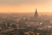 Aerial View Backlit Of Old Town With Latvian Academy Of Sciences In The Morning, Riga, Latvia
