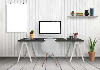 Aufkleber - Computer on desk and isolated poster mockup in modern office interior. Shelf, plants, chair, white wooden wall and floor.