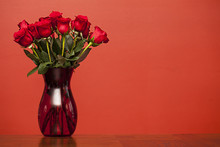 Red Roses In Vase On Red Background, Valentines Day
