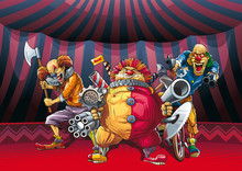 Mad Clowns Killers With Many Guns, Axe, Meat Grinder And Circular Saw In Hands. 