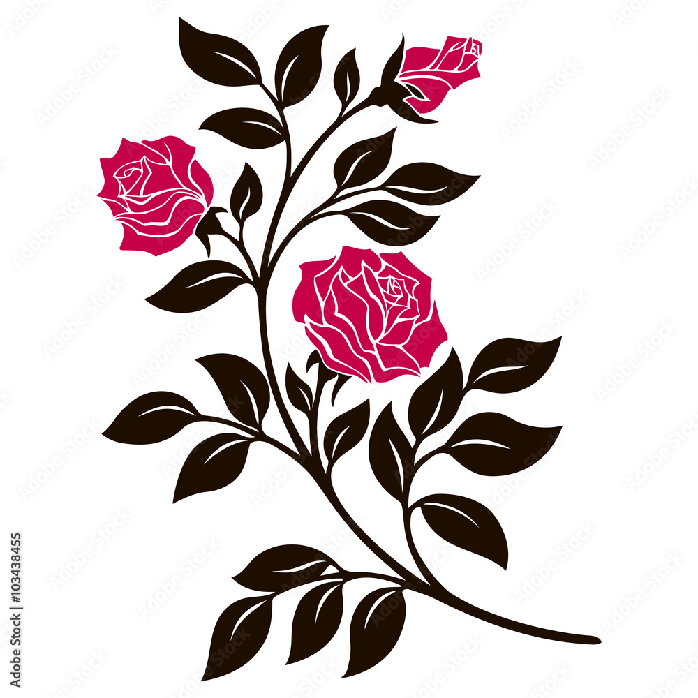 vector illustration, decoration element, black and white rose branch with red  flowers Stock Vector | Adobe Stock, image size:1000x1000
