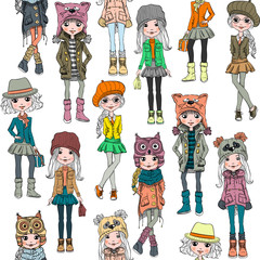 Seamless background with cute beautiful fashionable hipster girl in in funny hats with muzzle cat, panda and owl, jackets and skirts with bags. T-shirt Graphics. Girl print.