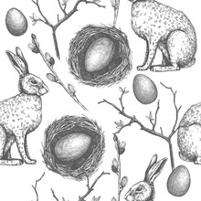 Seamless Vintage Pattern With Ink Hand Drawn Easter Illustrations. Vector Background With Hare Sketch.