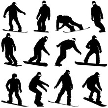 Set Black Silhouettes  Snowboarders On White Background. Vector 
