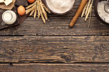 Poster - flour with spikelets of wheat, eggs, milk and butter