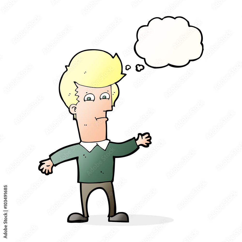 cartoon waving man with thought bubble
