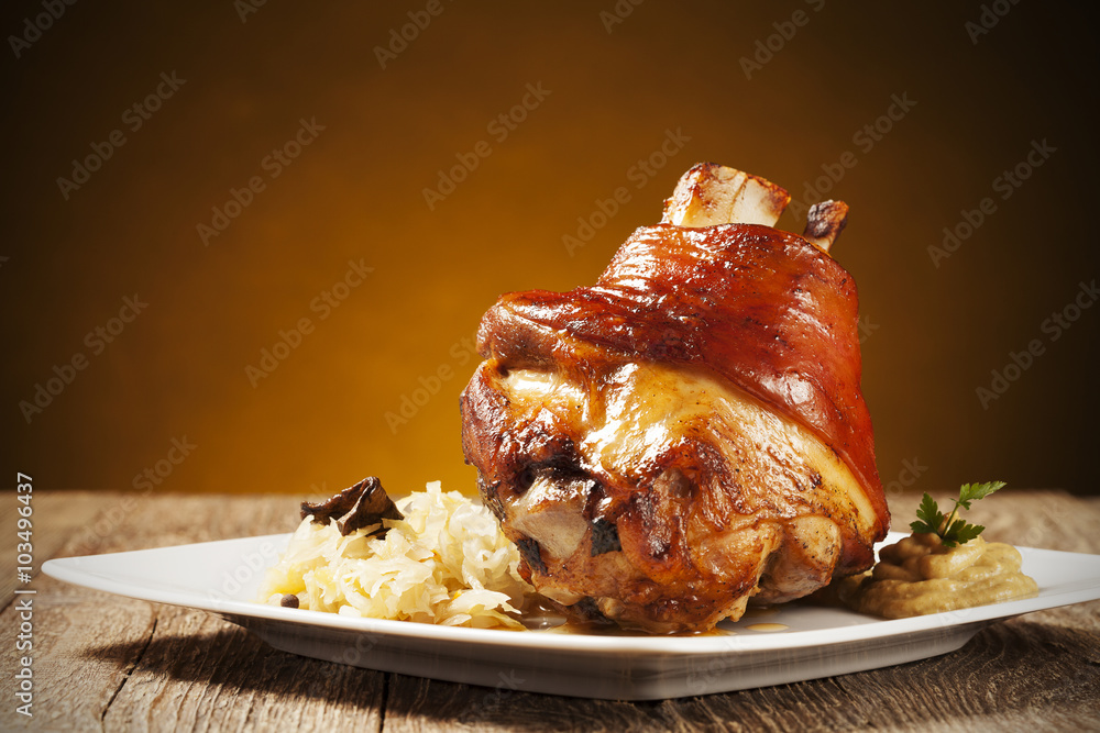 Roast pork knuckle served with boiled cabbage, bread, horseradis - obrazy, fototapety, plakaty 