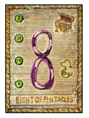 Poster - The old tarot card. Eight of Pentacles