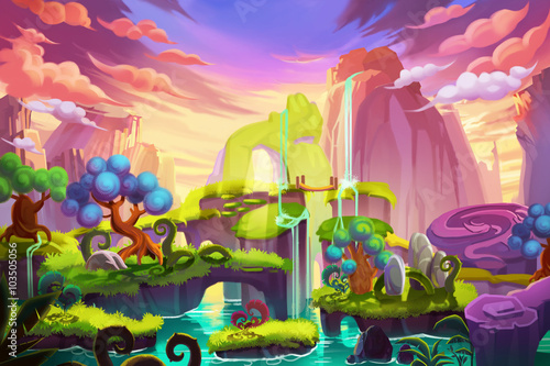 Creative Illustration And Innovative Art Waterfall Island