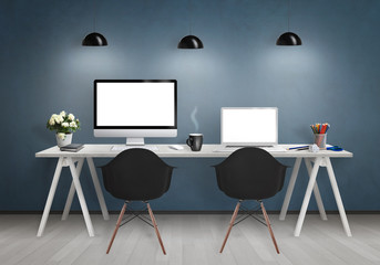 Aufkleber - Computers on the desk in the office. Workplace with pc and laptop isolated displays for mock up. Chairs, lamps, flower, plant, pencils, cup of coffee on table.
