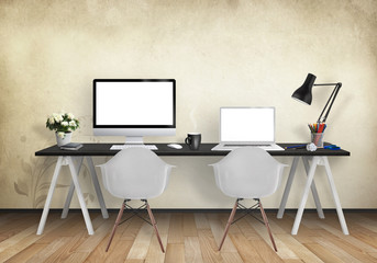 Poster - Computers on the desk in the office. Workplace with pc and laptop isolated displays for mock up. Chairs, lamp, flower, plant, pencils, cup of coffee on table.