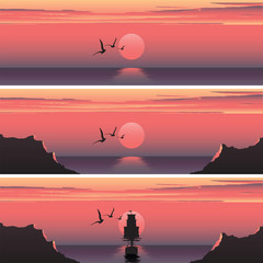Wall Mural - Set horizontal banners of sunset over the sea. Sunset over the sea. Ship at sunset. Ship at sunrise. Sea banners advertising.