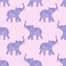 Seamless Pattern With Nice Abstract Elephants Of Glitter. Their Trunks Raised Up - Good Luck Symbol. Violet Background