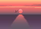 Fototapeta Zachód słońca - Vector horizontal illustration of sunset over the sea and ship. beautiful sunrise at the sea. the ship embarks on a journey. Sea birds.