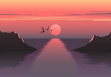 Vector Horizontal Illustration Of Sunset Over The Sea And Ship. Beautiful Sunrise At The Sea. The Ship Embarks On A Journey. Sea Birds.
